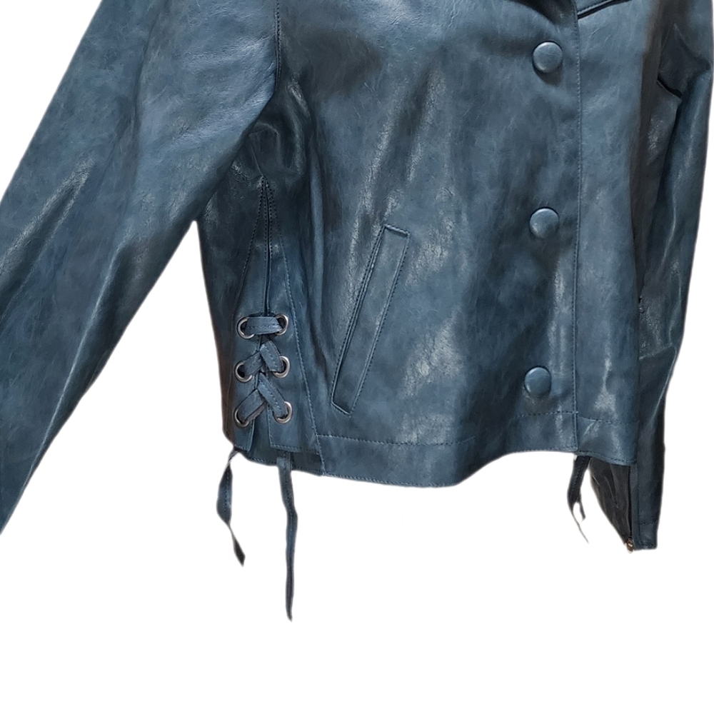 Democracy Long Sleeve Faux Leather Cropped Button Front Lace-Up Jacket Green S - Picture 6 of 11